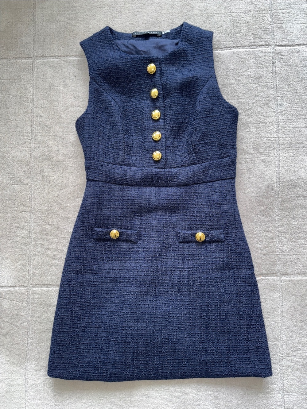 English Factory Navy Tweed Mini Dress with Gold Buttons